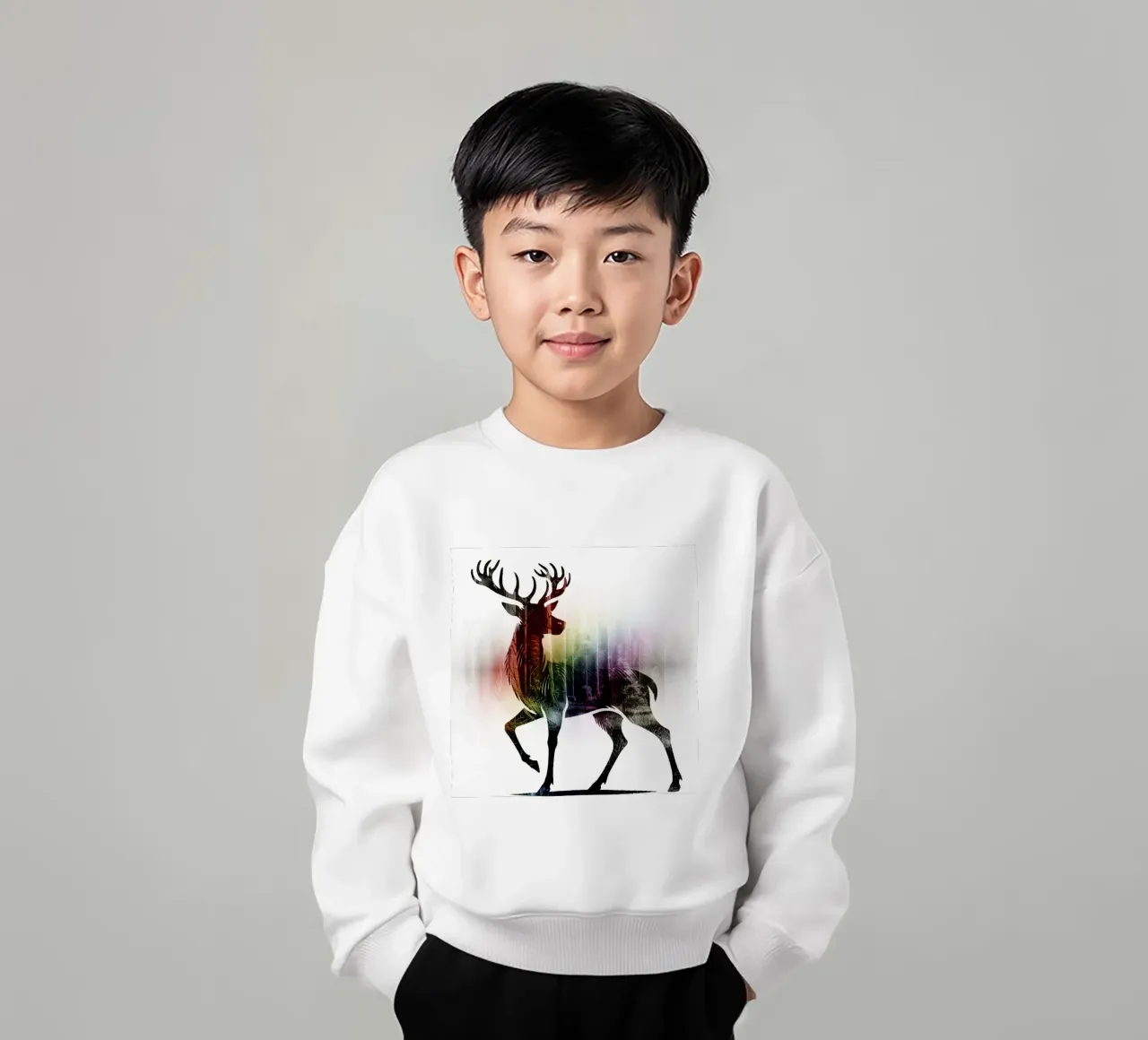 Silhouette con motivo di cervo e delicati colori dell'arcobaleno felpa bambino da namosh