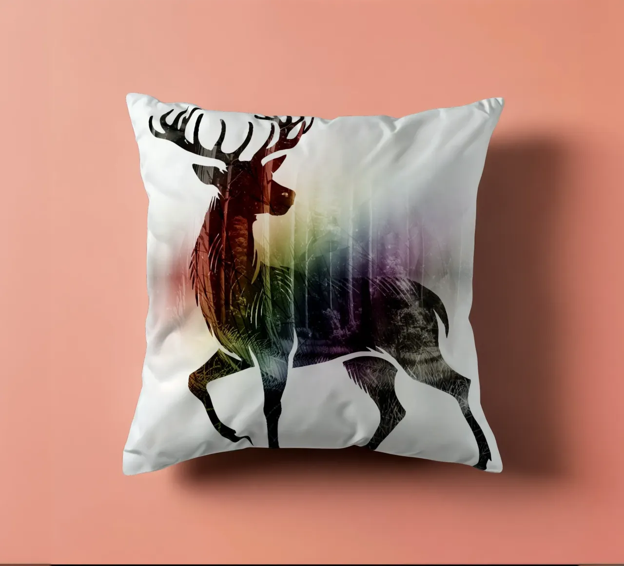 Silhouette con motivo di cervo e delicati colori dell'arcobaleno cuscino da namosh