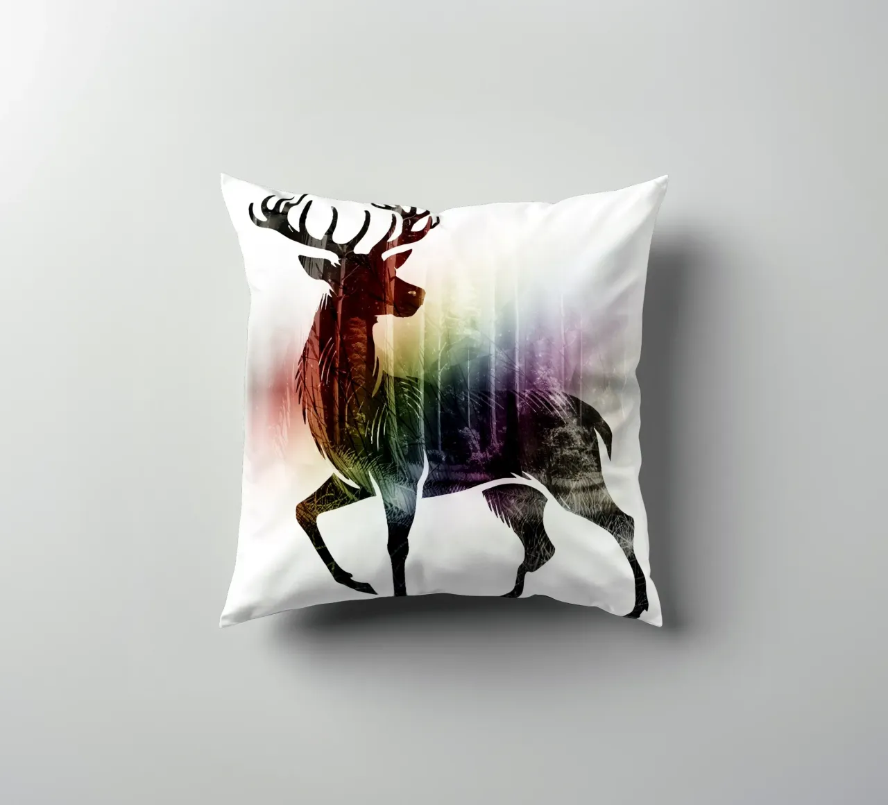 Silhouette con motivo di cervo e delicati colori dell'arcobaleno cuscino da namosh