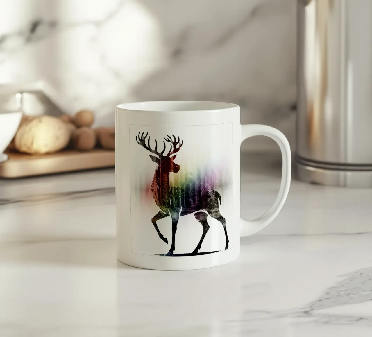 Silhouette con motivo di cervo e delicati colori dell'arcobaleno tazza in ceramica da namosh