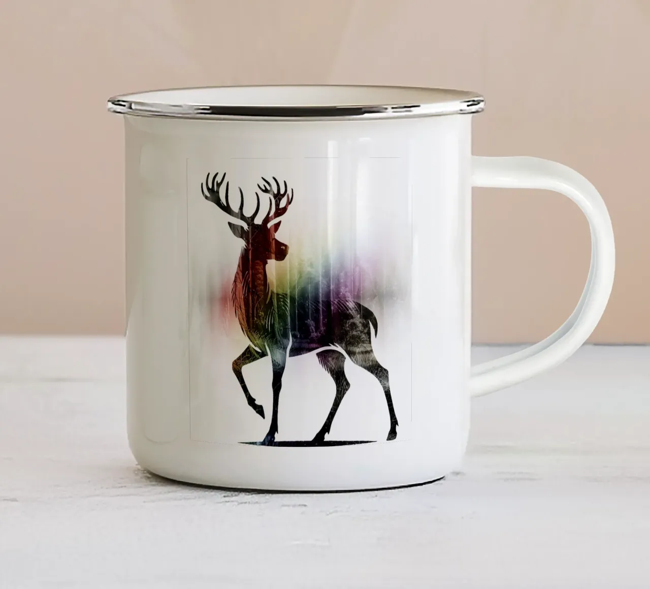 Silhouette con motivo di cervo e delicati colori dell'arcobaleno tazza in smalto da namosh