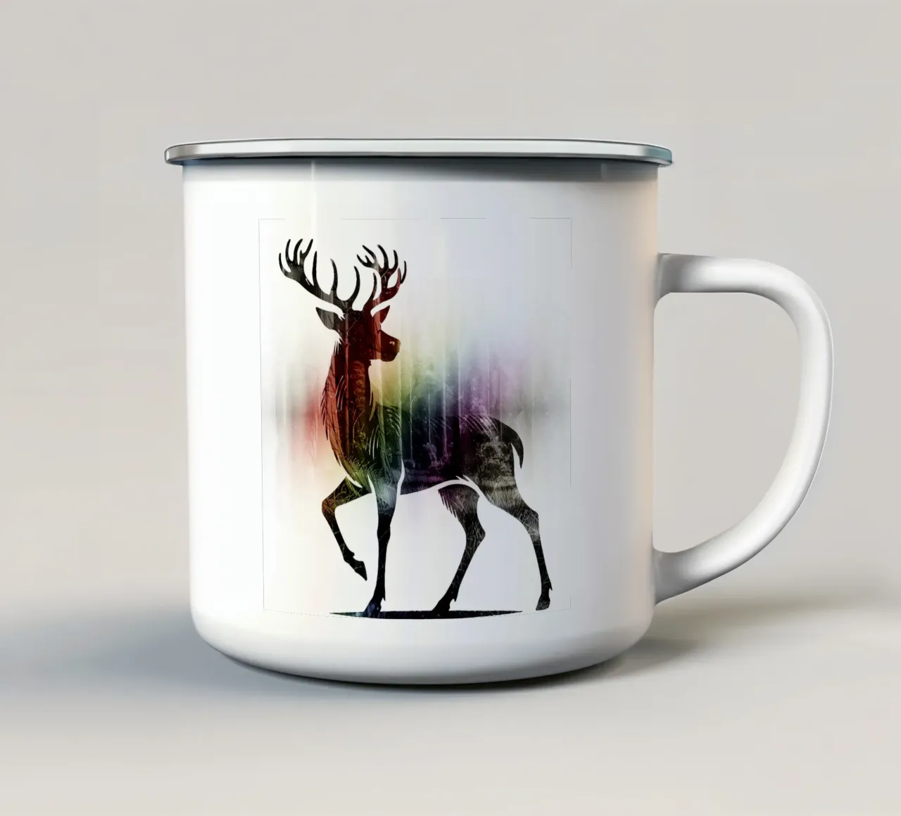 Silhouette con motivo di cervo e delicati colori dell'arcobaleno tazza in smalto da namosh