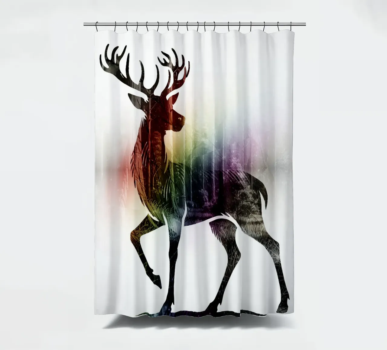 Deer motif silhouette with delicate rainbow colours shower curtain by namosh