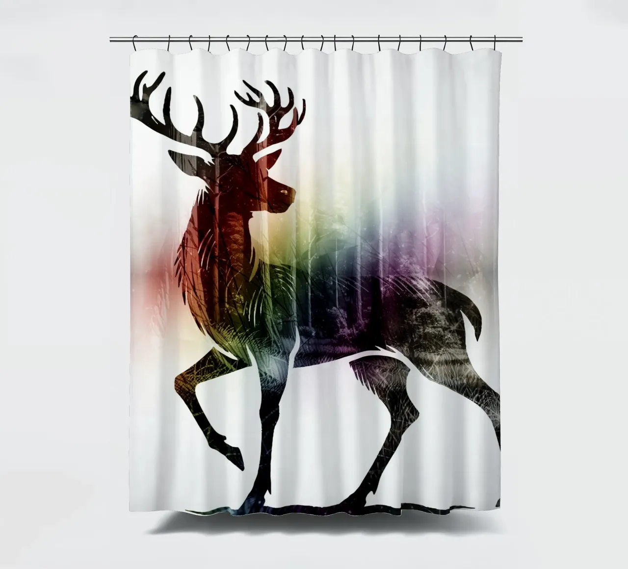 Deer motif silhouette with delicate rainbow colours shower curtain by namosh