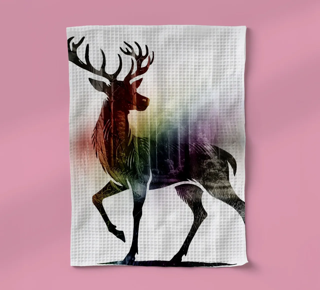 Silhouette de cerf avec de délicats tons arc-en-ciel torchon de namosh