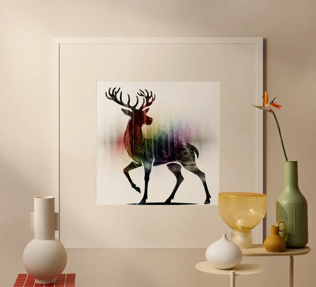 Silhouette con motivo di cervo e delicati colori dell'arcobaleno carta hahnemühle da namosh