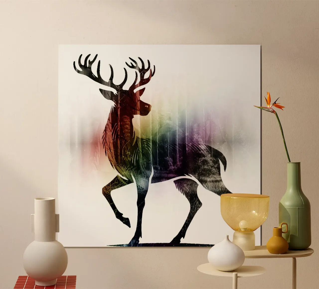 Silhouette con motivo di cervo e delicati colori dell'arcobaleno carta hahnemühle da namosh