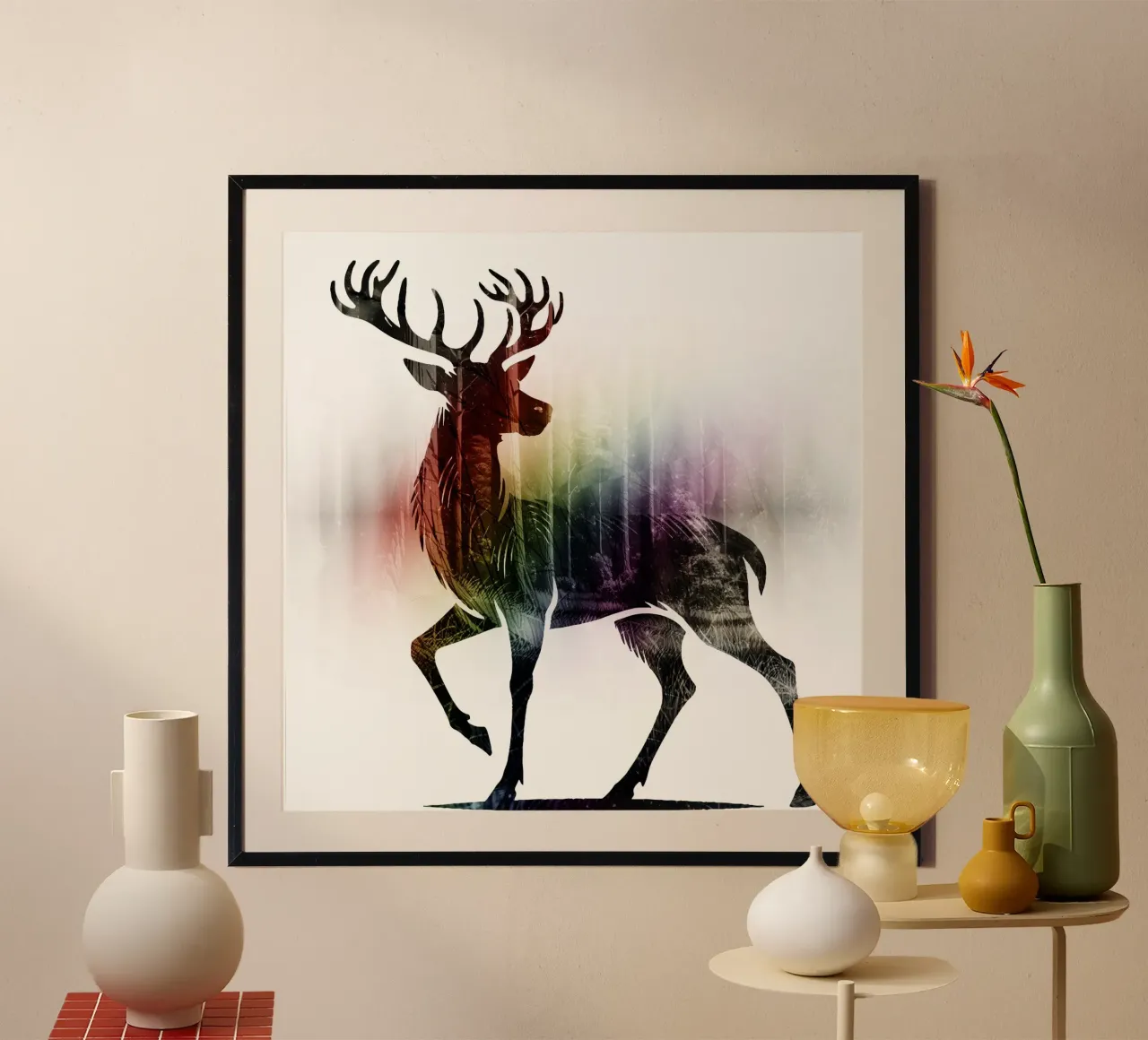 Silhouette con motivo di cervo e delicati colori dell'arcobaleno carta hahnemühle da namosh