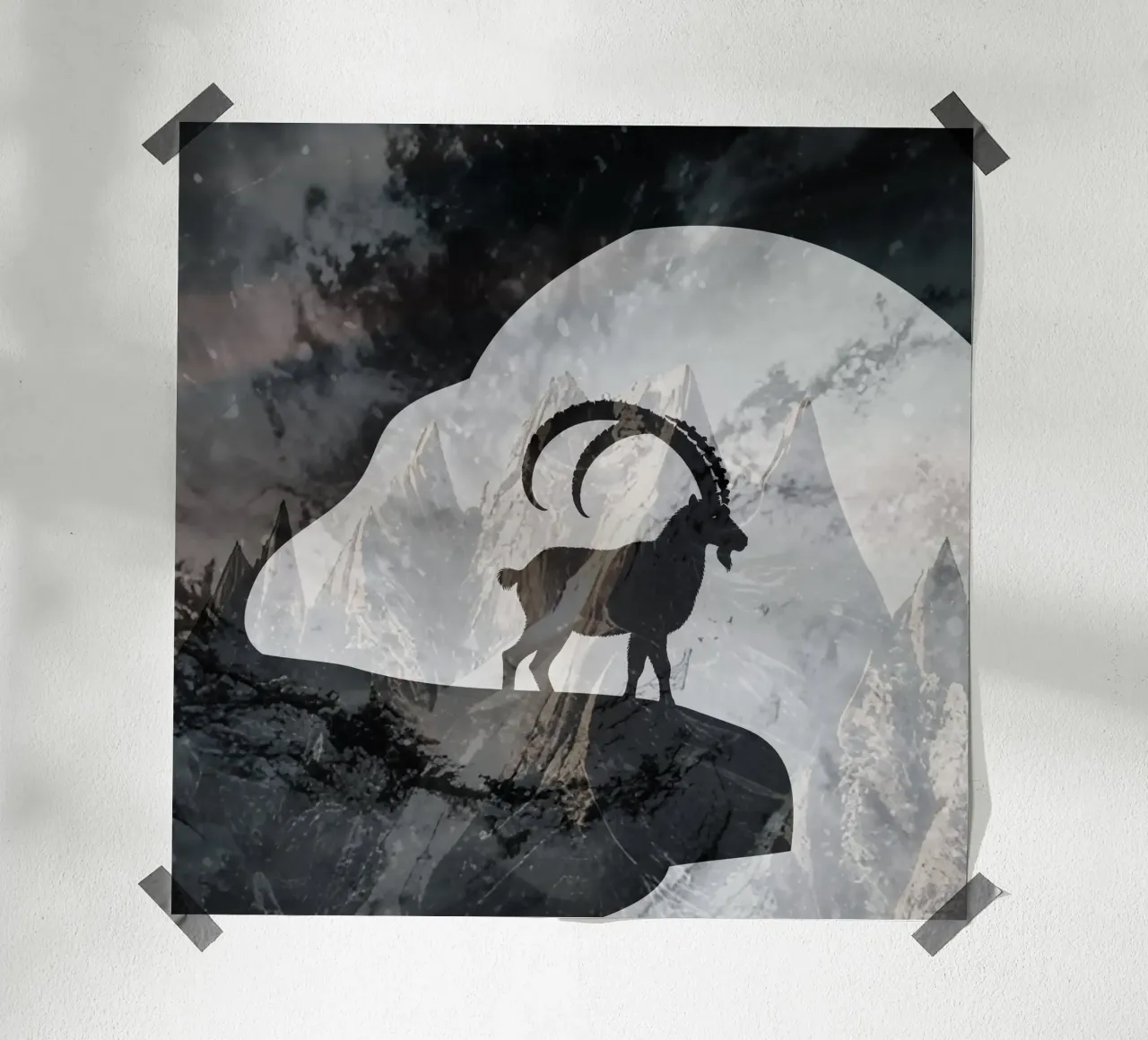 Ibex in the mountains - silhouette art with alpine flair poster with aluminum frame by namosh