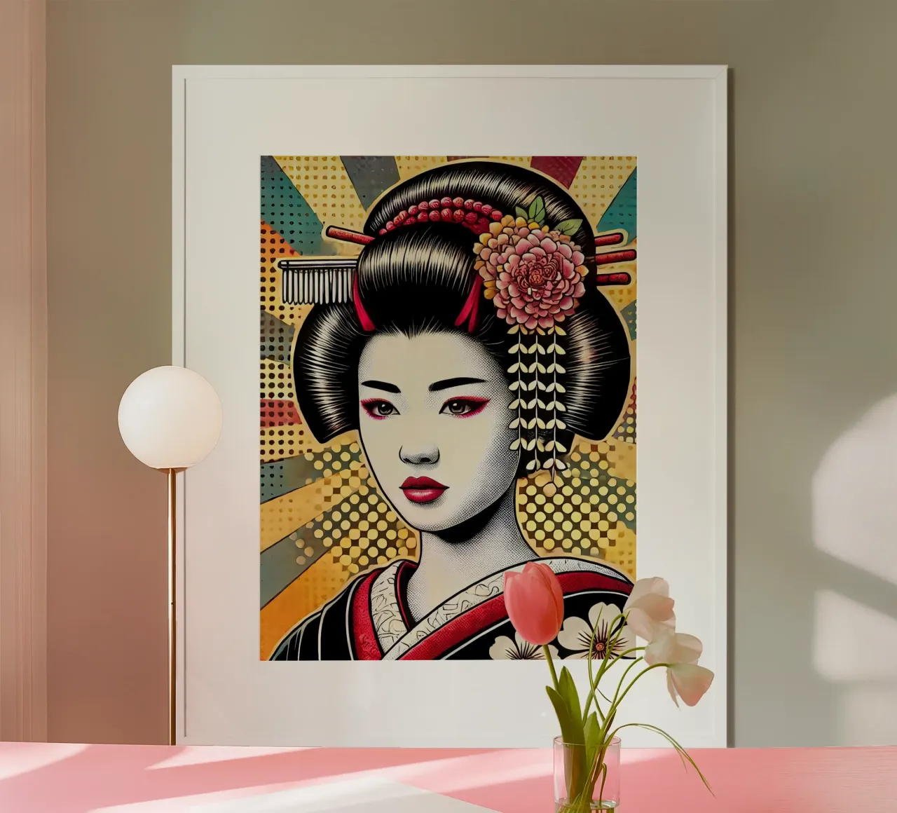 Geisha pop art poster con telaio in alluminio da Digital Naive