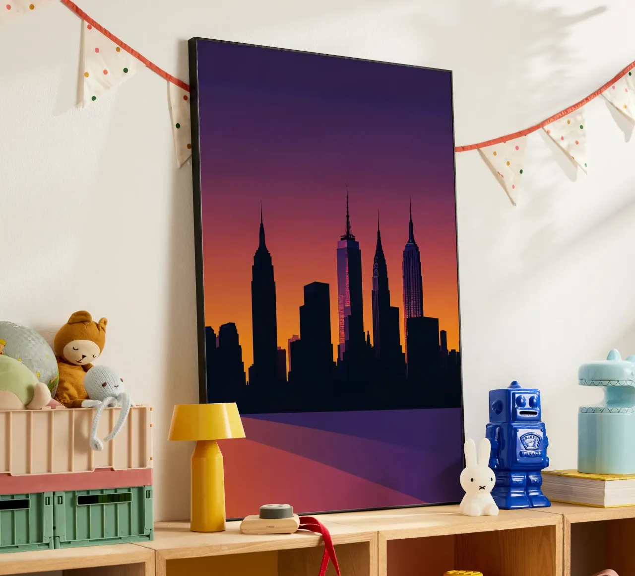 Minimalist NYC Skyline in Vibrant Twilight alluminio dibond da AlbertKlee
