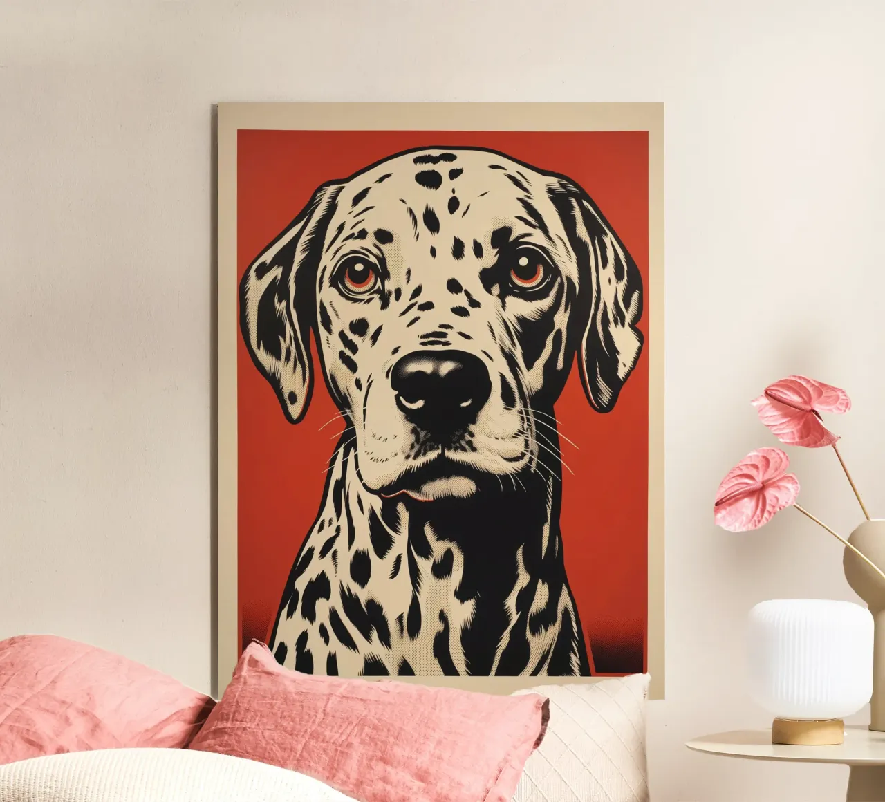 Ritratto di cane dalmata in xilografia a colori alluminio dibond da Autofocus
