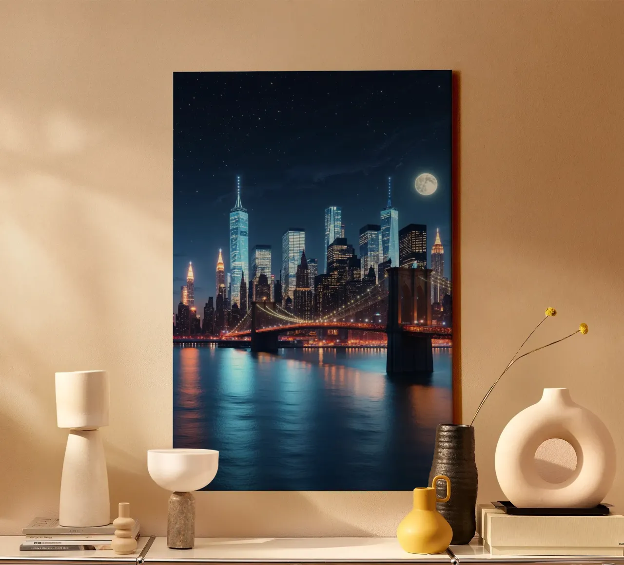 Moonlit Brooklyn Bridge and NYC Skyline tela da AlbertKlee