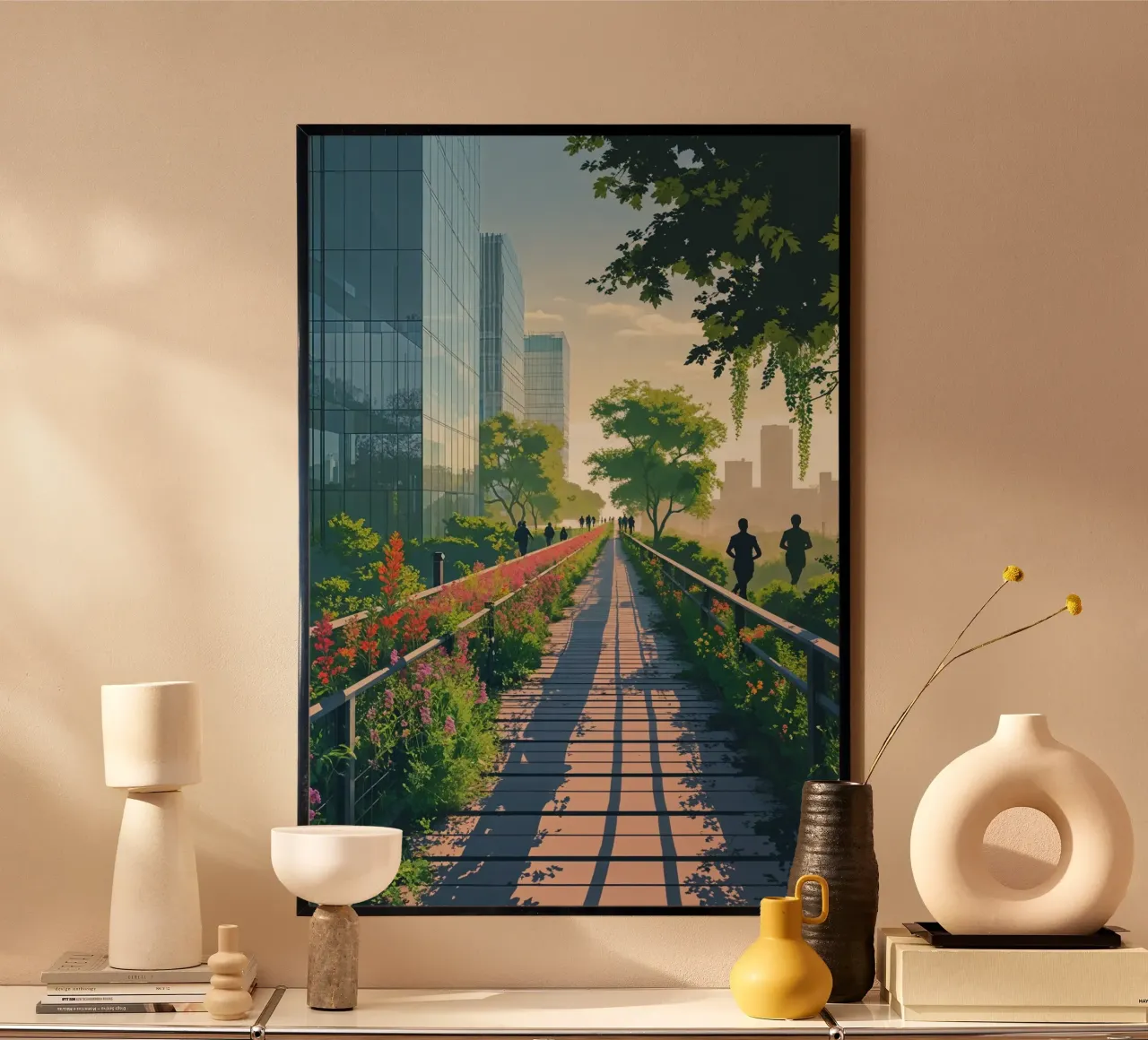 Walking the High Line at Sunrise poster con telaio in alluminio da AlbertKlee