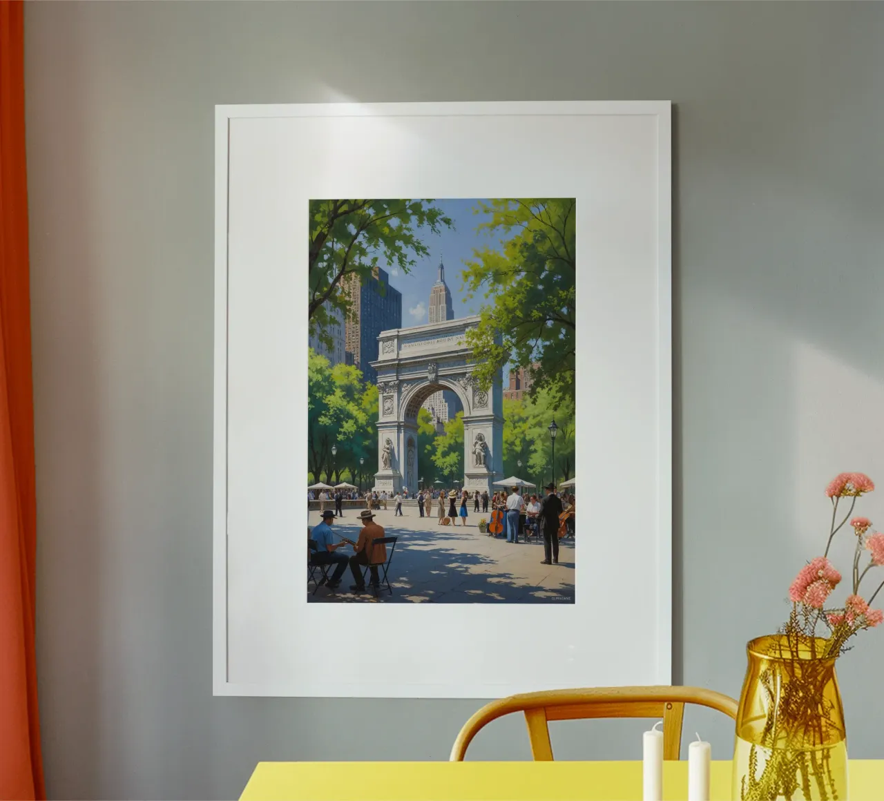 Washington Square Park Arch and Empire State View poster con telaio in plastica da AlbertKlee