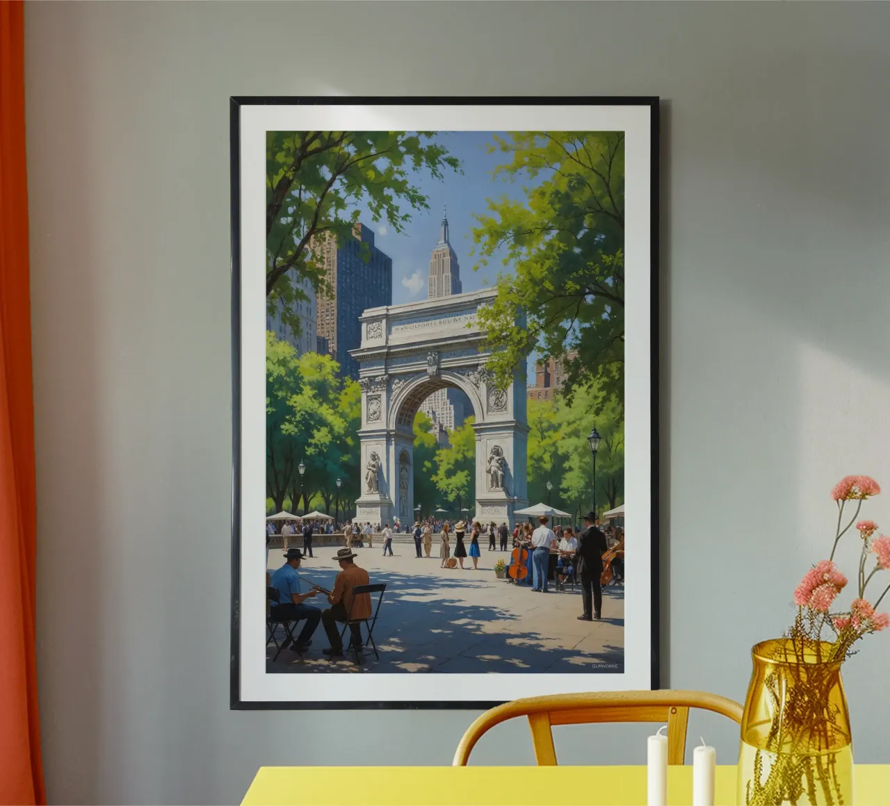 Washington Square Park Arch and Empire State View poster con telaio in plastica da AlbertKlee