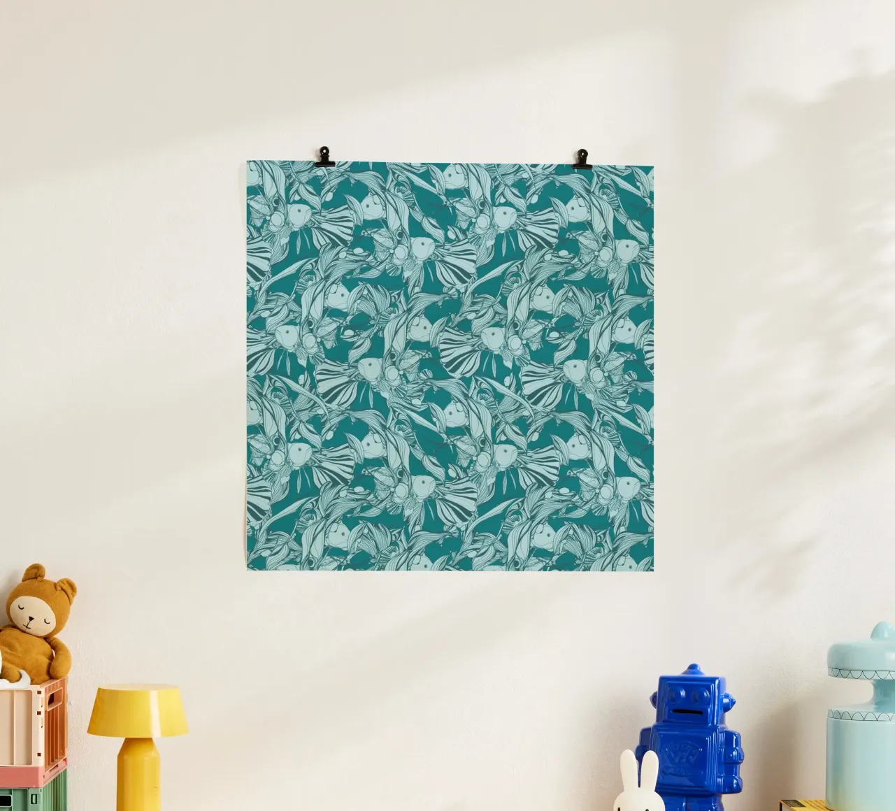 Birds And Fish Türkis poster van Giulio Iurissevich