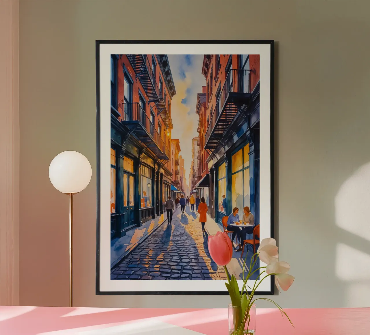 Evening Walk on a Vibrant Street poster con telaio in legno da AlbertKlee