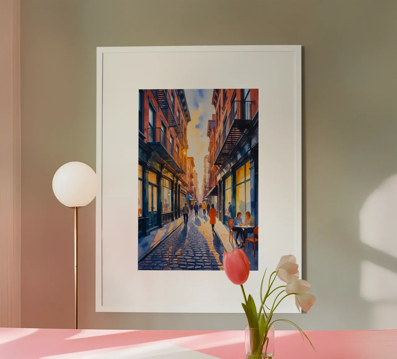 Evening Walk on a Vibrant Street poster con telaio in legno da AlbertKlee