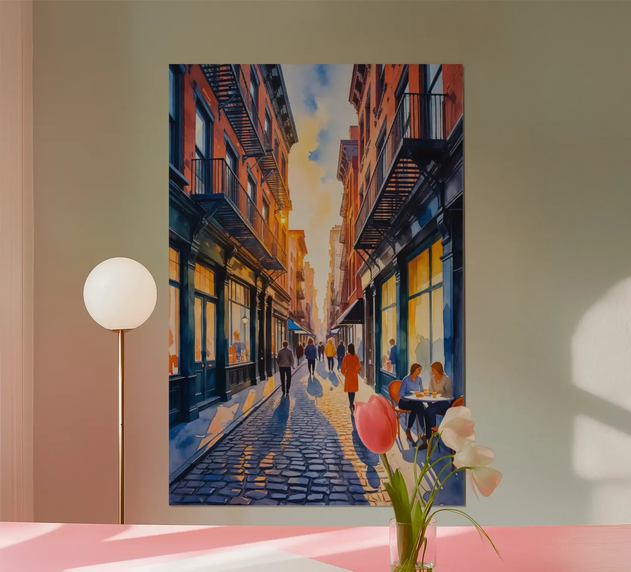 Evening Walk on a Vibrant Street poster con telaio in legno da AlbertKlee