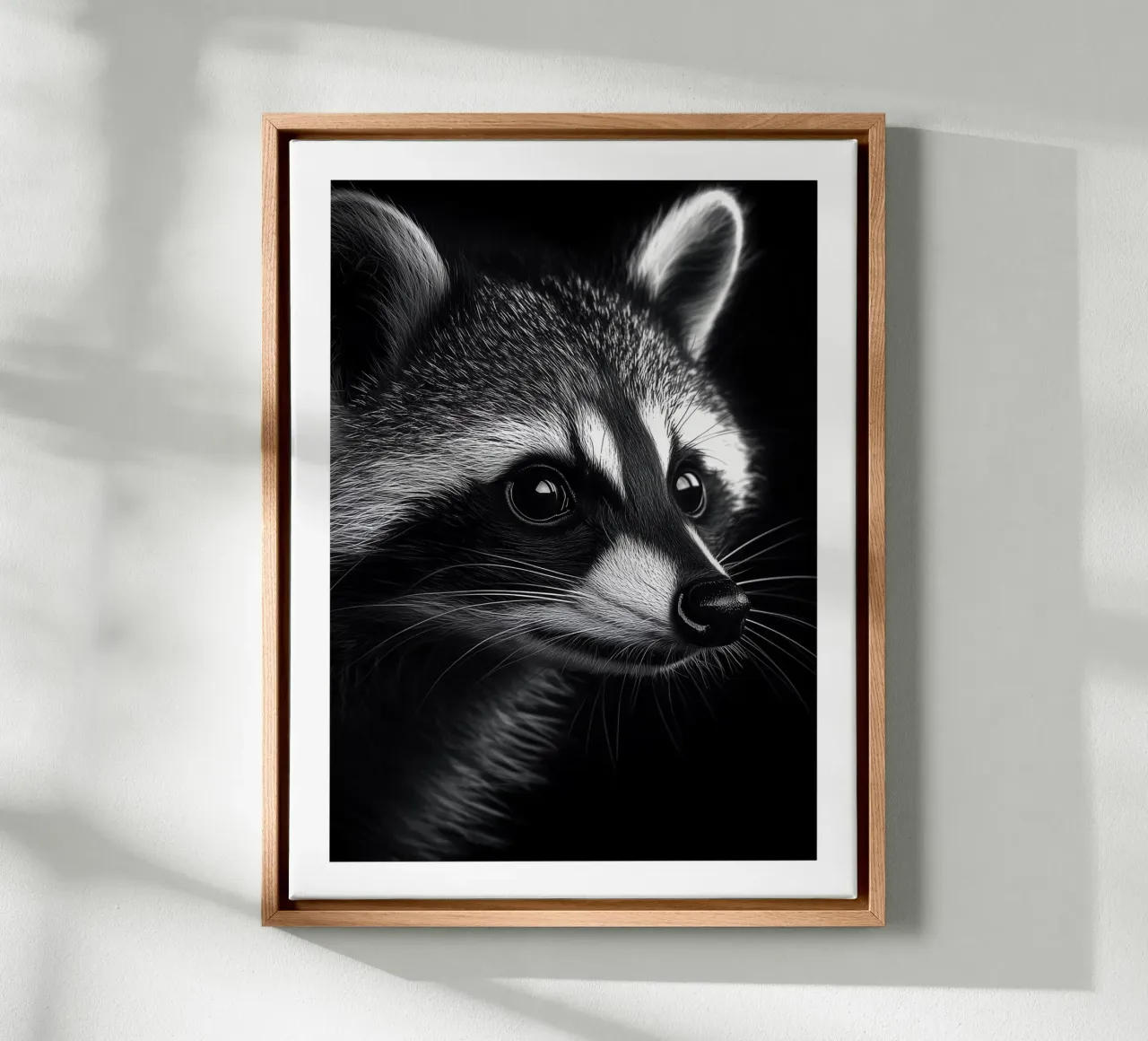 Raffiniertes Porträt eines Waschbären Leinwand mit Schattenfugenrahmen von Monochrome