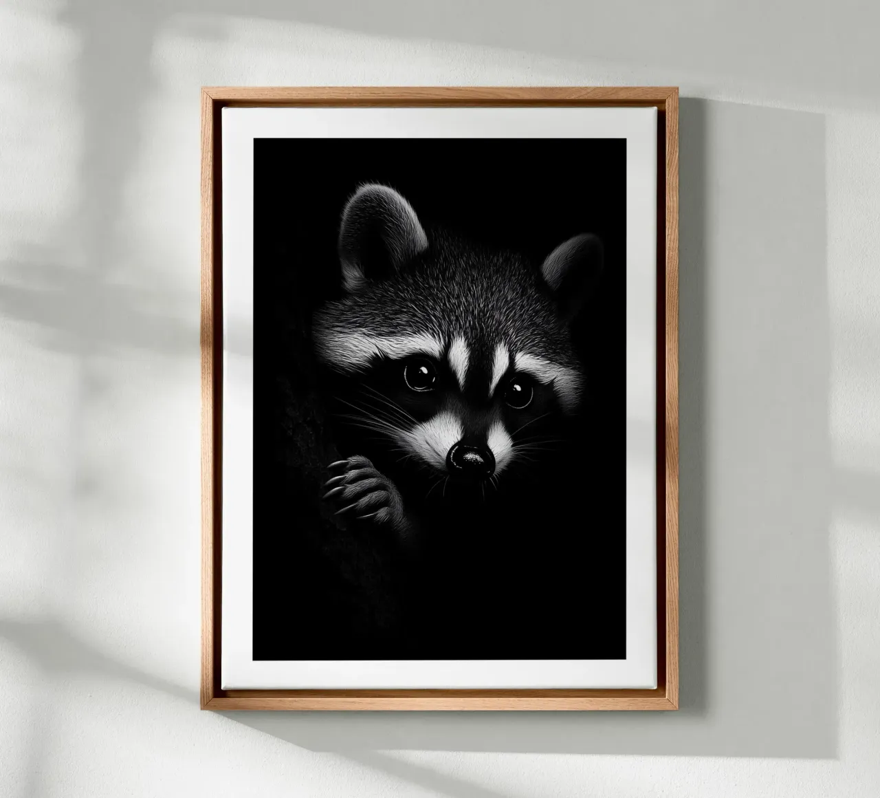 Expressive portrait of a raccoon canvas with Floater frame by Monochrome