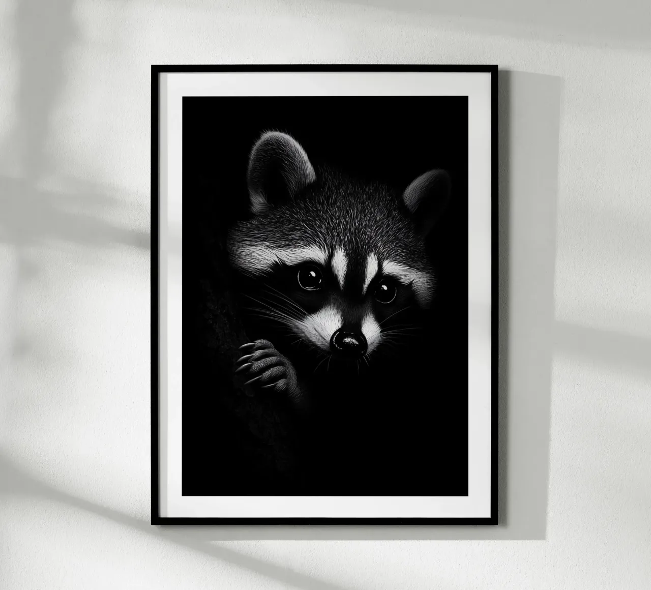 Ritratto espressivo di un procione poster con telaio in legno da Monochrome
