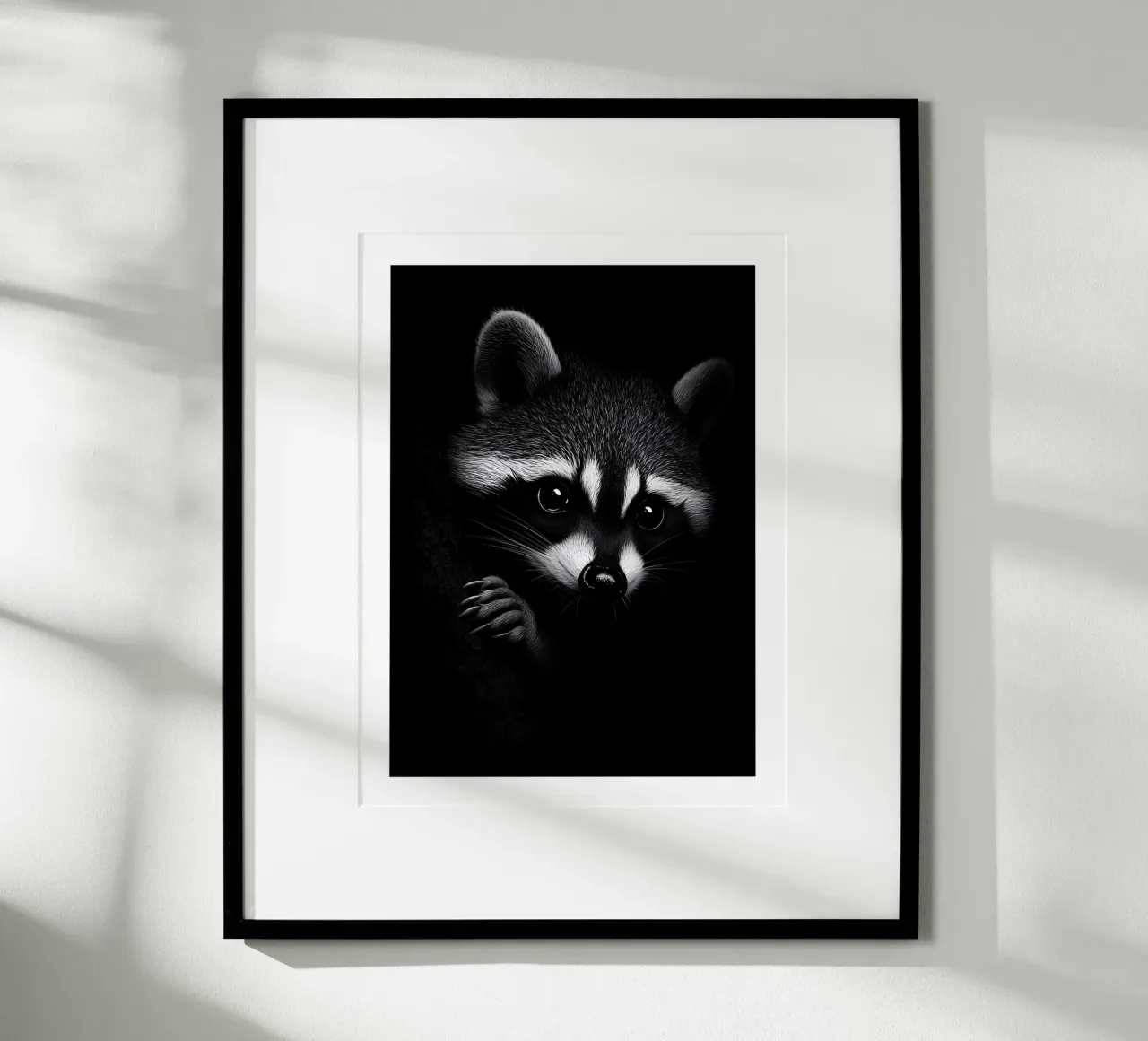 Ritratto espressivo di un procione poster con telaio in legno da Monochrome