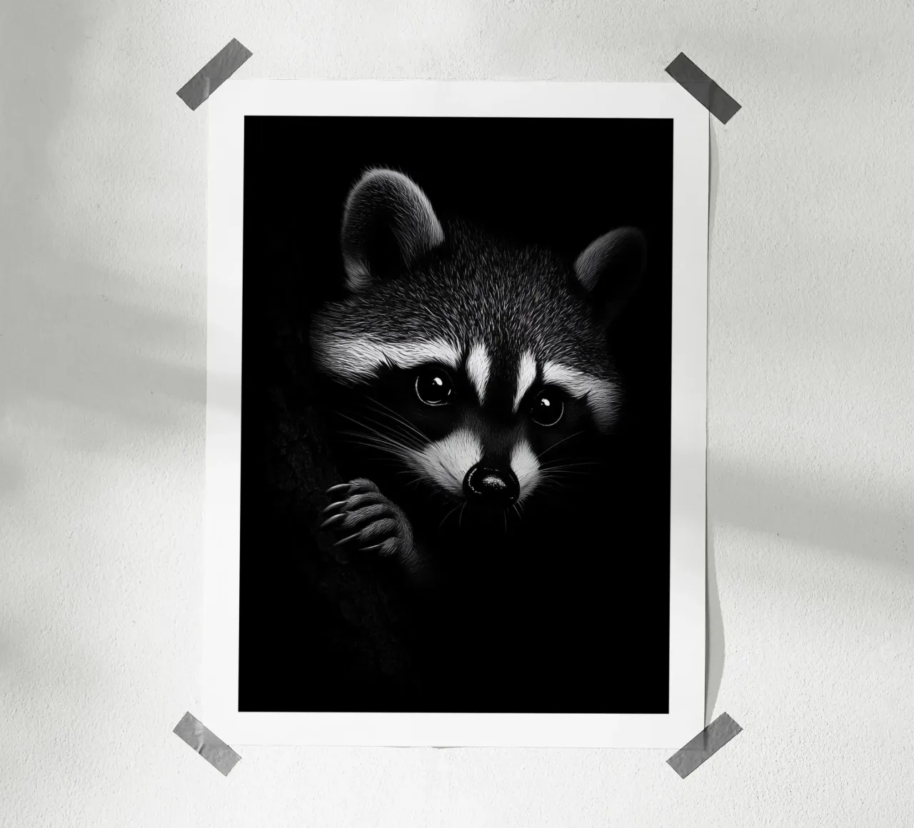 Ritratto espressivo di un procione poster con telaio in legno da Monochrome