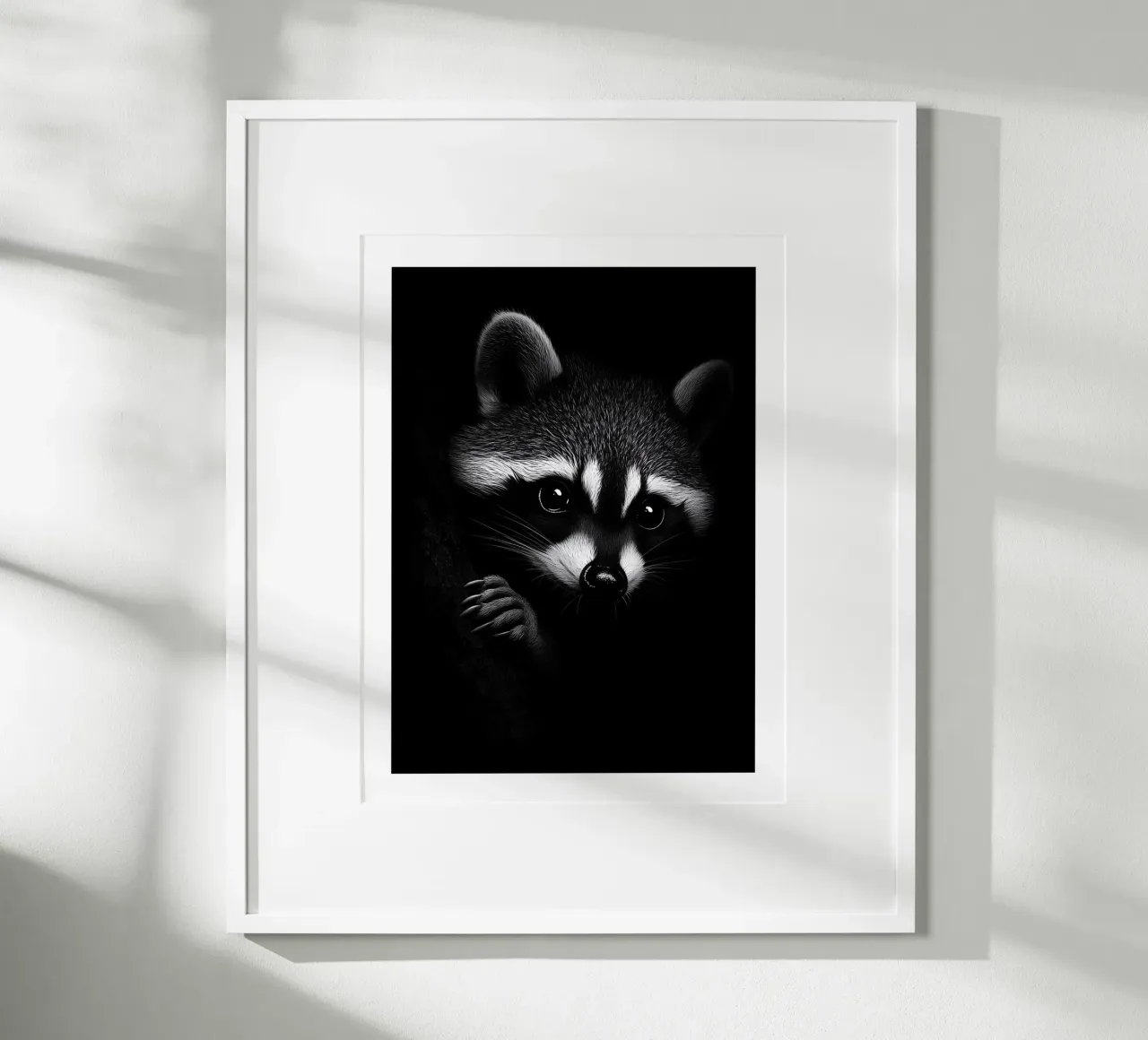 Ritratto espressivo di un procione poster con telaio in legno da Monochrome