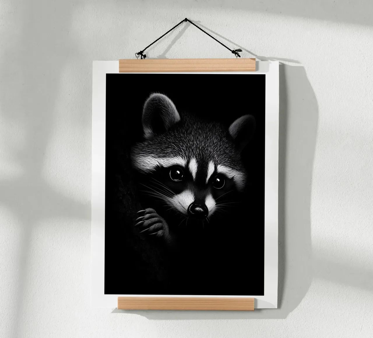 Ritratto espressivo di un procione poster con telaio in legno da Monochrome
