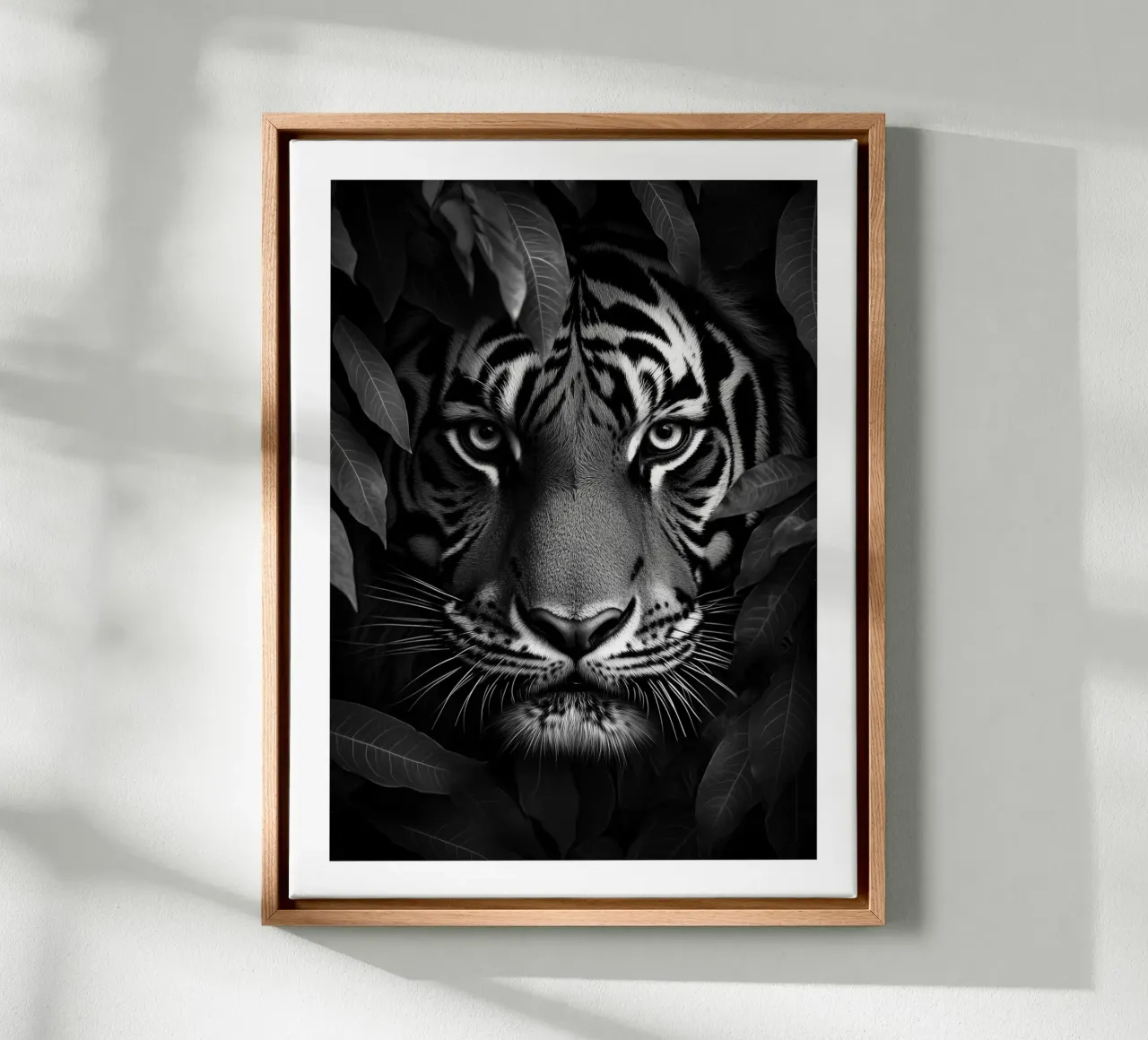 Mysterious portrait of a tiger in the jungle canvas with Floater frame by Monochrome