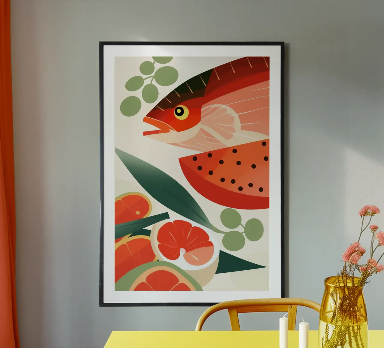 Pesce con papaya | Poster della cucina di mare poster con telaio in alluminio da Autofocus
