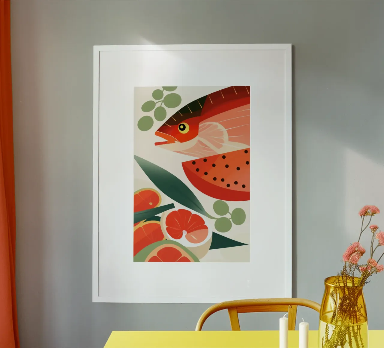 Pesce con papaya | Poster della cucina di mare poster con telaio in alluminio da Autofocus