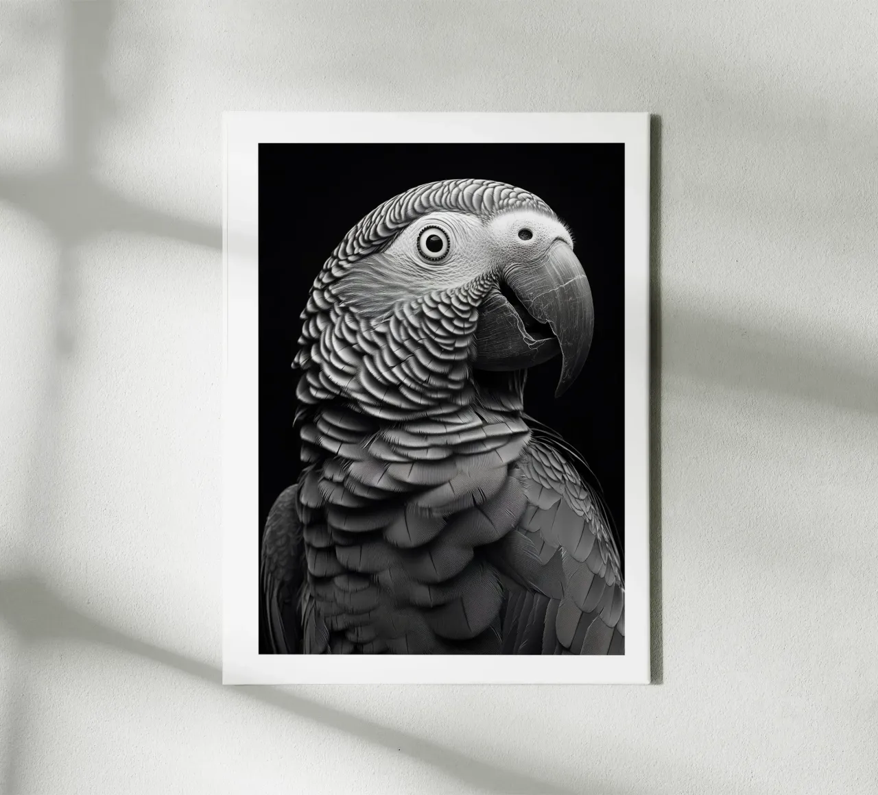 Porträt eines Gabun-Graupapageis Leinwand mit Schattenfugenrahmen von Monochrome