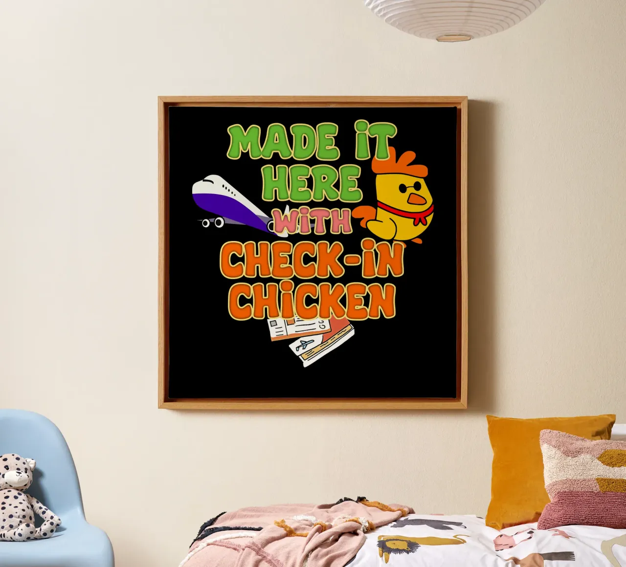 Made It Here with Check-In Chicken Trend Traveler canvas with Floater frame by sillyindustries