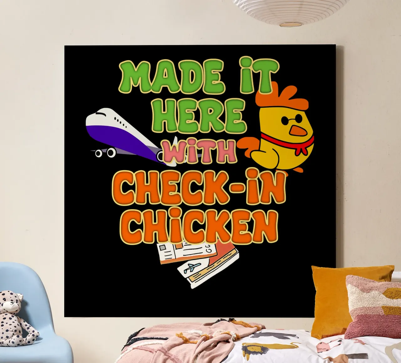Made It Here with Check-In Chicken Trend Traveler canvas with Floater frame by sillyindustries