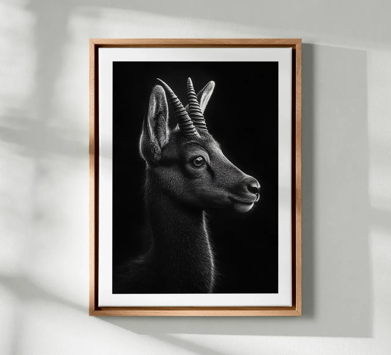 Majestätisches Porträt eines Steinbocks Leinwand mit Schattenfugenrahmen von Monochrome