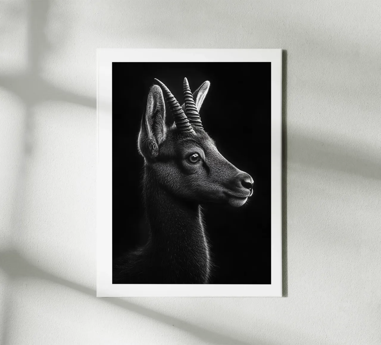 Majestätisches Porträt eines Steinbocks Leinwand mit Schattenfugenrahmen von Monochrome