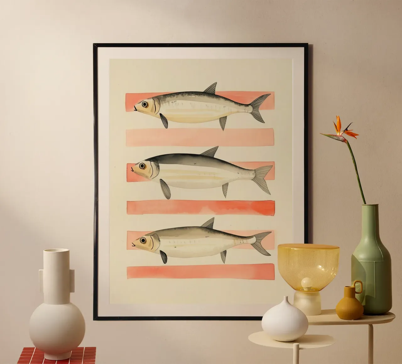 Illustrazione di sardine a strisce poster con telaio in legno da DaarbyN