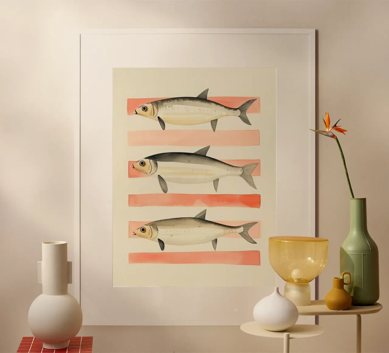 Illustrazione di sardine a strisce poster con telaio in legno da DaarbyN