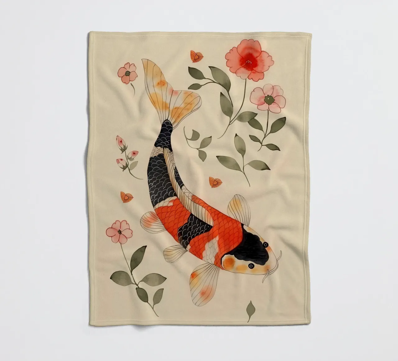 Koi Carp with Delicate Flowers fleece blanket by DaarbyN