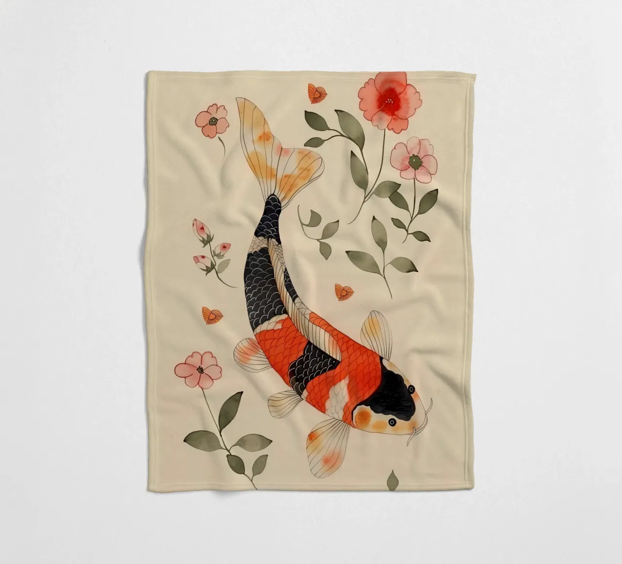 Koi Carp with Delicate Flowers fleece blanket by DaarbyN