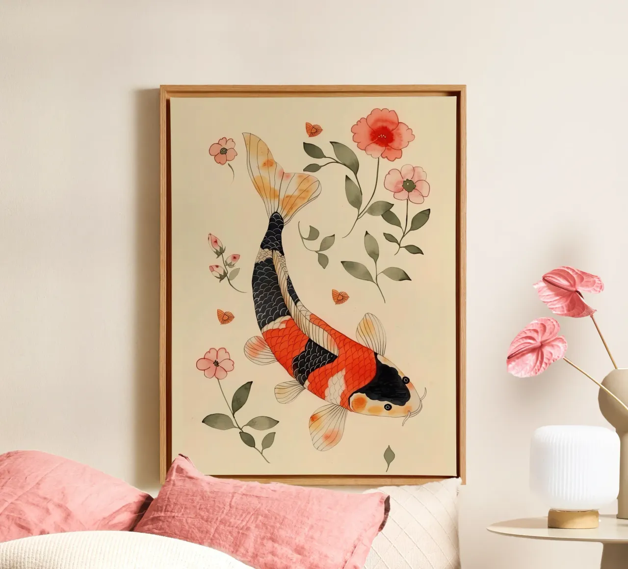 Carpa Koi con fiori delicati tela con Cornice a cassetta da DaarbyN