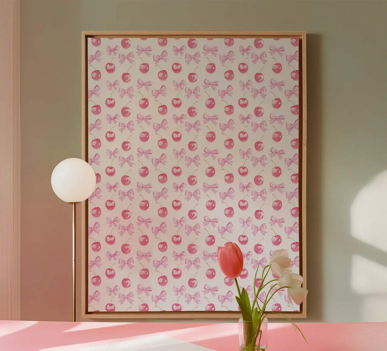 Boho Botanical Rosa Kirschen Rosa Schleife Coquette Ästhetik Y2K Leinwand mit Schattenfugenrahmen von Gentle Echoes Art