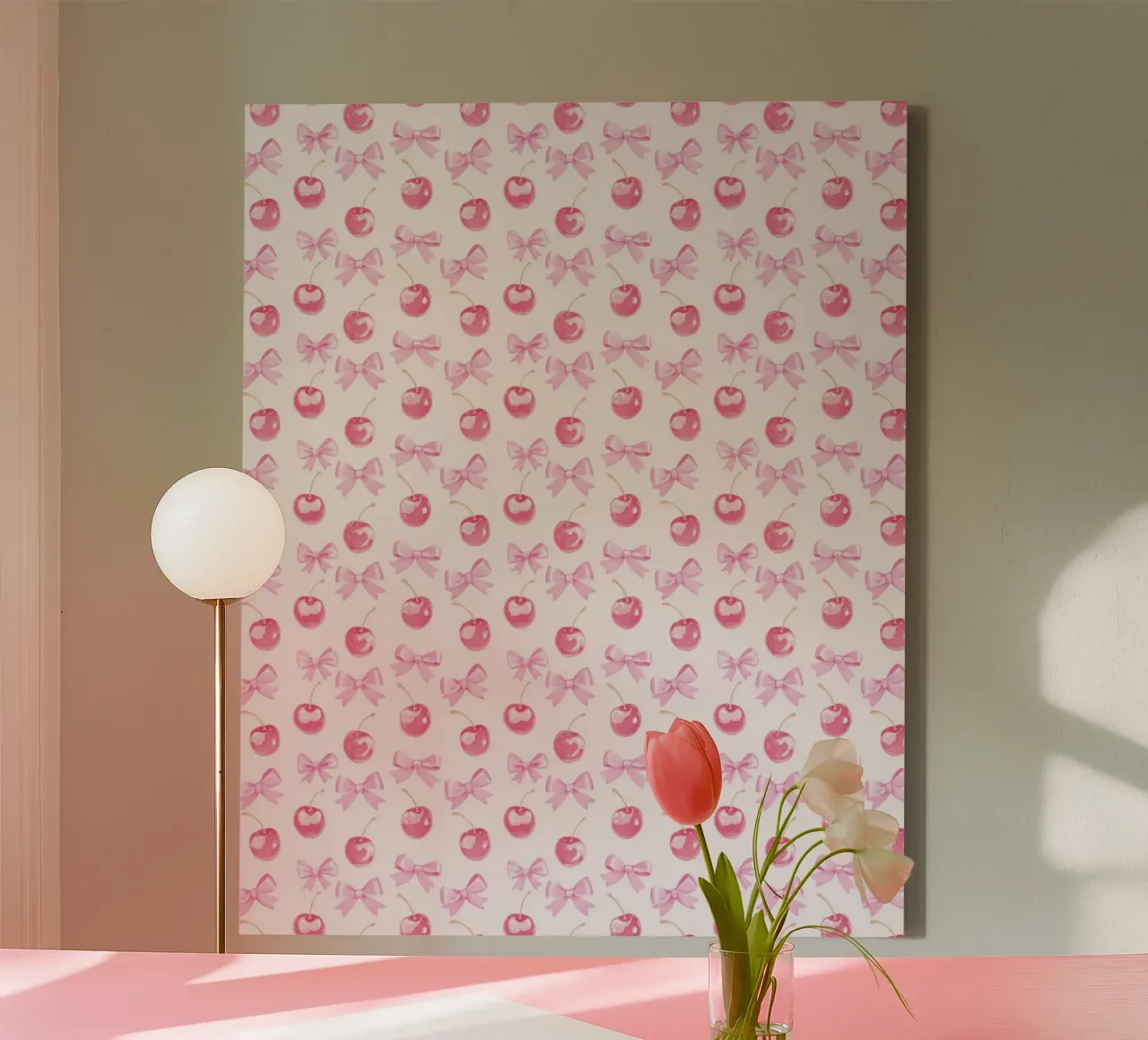 Boho Botanical Rosa Kirschen Rosa Schleife Coquette Ästhetik Y2K Leinwand mit Schattenfugenrahmen von Gentle Echoes Art