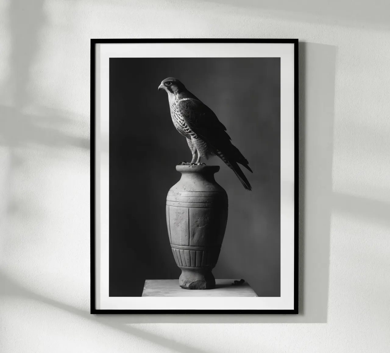 Maestoso falco su vaso poster con telaio in plastica da Monochrome