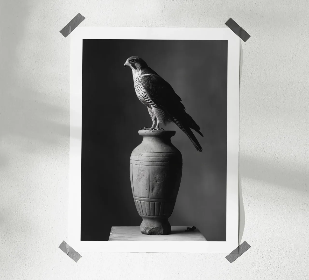 Maestoso falco su vaso poster con telaio in plastica da Monochrome