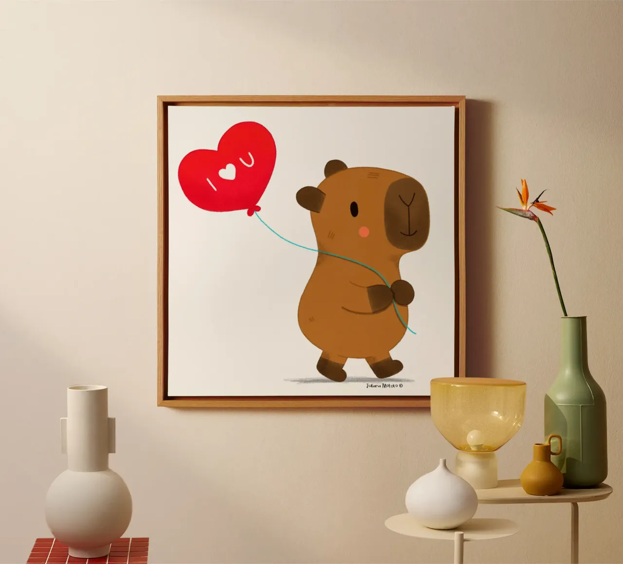 Capibara con pallone a cuore - Ti amo tela con Cornice a cassetta da julianamotzko