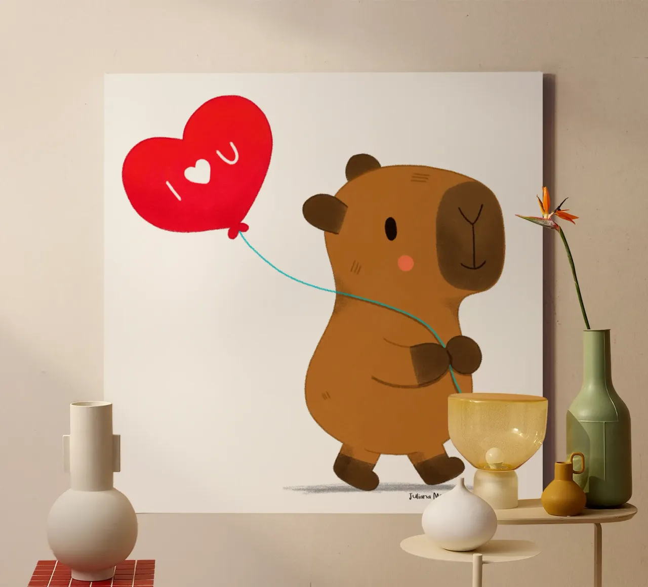 Capibara con pallone a cuore - Ti amo tela con Cornice a cassetta da julianamotzko